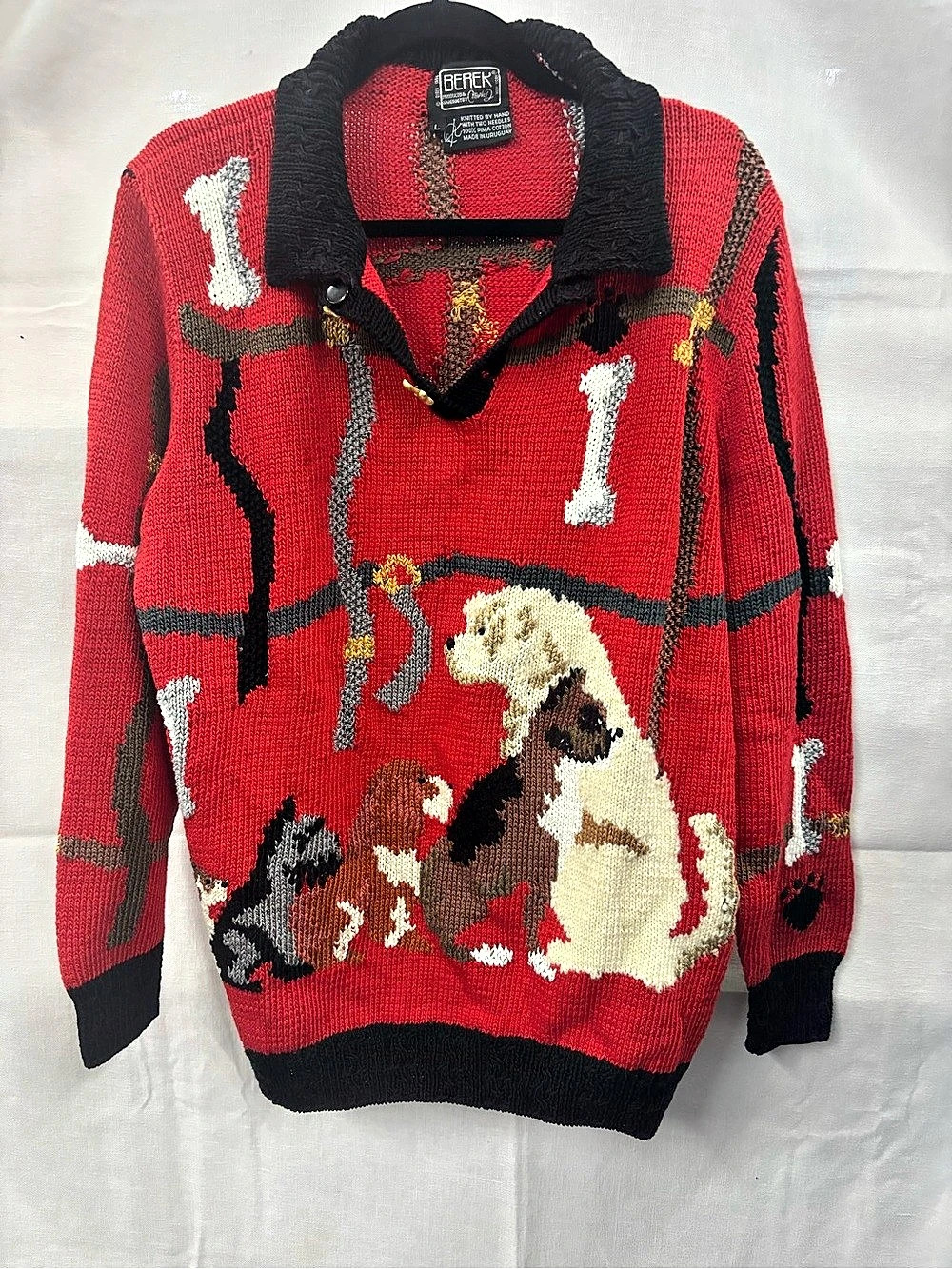 Berek Vintage Dog Intarsia Knit Sweater Red & Black Large